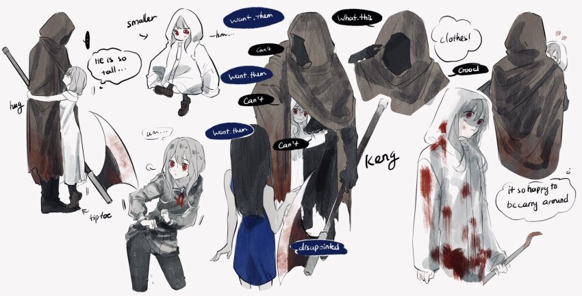 1boy, 2girls, axe, black_hair, black_pantyhose, black_sailor_collar, black_shirt, black_skin