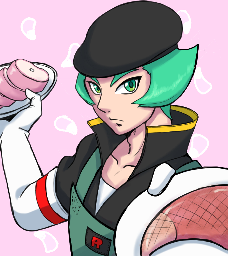 1boy, apron, beret, black_hat, collarbone, green_apron, green_eyes, green_hair