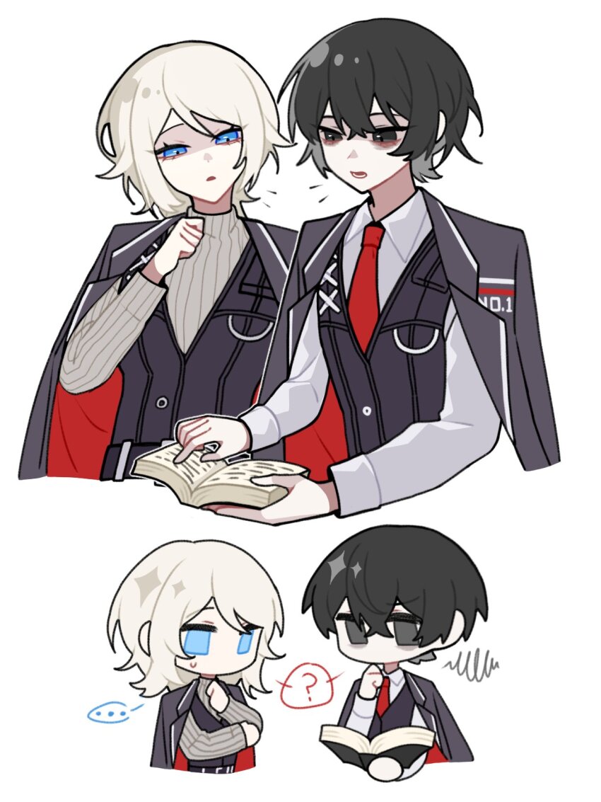 1boy, 1girl, black_coat, black_eyes, black_hair, black_vest, book, coat