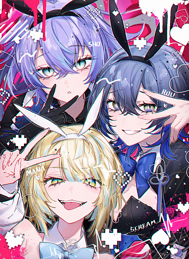 3girls, :o, animal_ear_hairband, animal_ears, aqua_eyes, bare_shoulders, black_gloves, black_hairband, black_jacket, black_leotard, black_shirt, blonde_hair, blue_bow, blue_bowtie, blue_eyes, blue_hair, blush, bow, bowtie, cardiogram, character_name, collared_shirt, commentary, crossed_bangs, detached_collar, detached_sleeves, eyelashes, fake_animal_ears, fangs, genderswap, genderswap_(mtf), gloves, grey_eyes, grin, hair_between_eyes, hairband, hand_up, heart, hibachi_mana, hoshirube_sho, jacket, jacket_on_shoulders, kill_schwa, koyanagi_rou, leotard, long_hair, long_sleeves, looking_at_viewer, medium_hair, multicolored_eyes, multicolored_hair, multiple_girls, nijisanji, open_mouth, parted_bangs, parted_lips, pink_background, pixel_heart, playboy_bunny, purple_hair, rabbit_ear_hairband, rabbit_ears, shirt, short_hair, simple_background, smile, strapless, strapless_leotard, streaked_hair, untranslatable_commentary, tassel, teeth, tongue, tongue_out, upper_body, v, v_over_eye, vest, virtual_youtuber, white_sleeves, white_vest, wing_collar, yellow_eyes