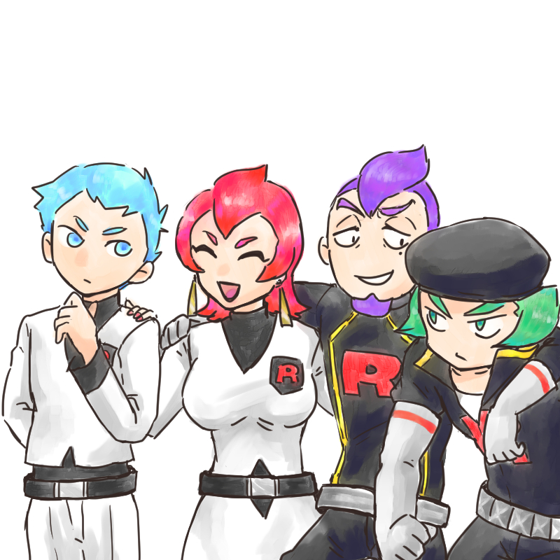 1girl, archer_(pokemon), ariana_(pokemon), beard, beret, black_hat, blue_eyes, blue_hair