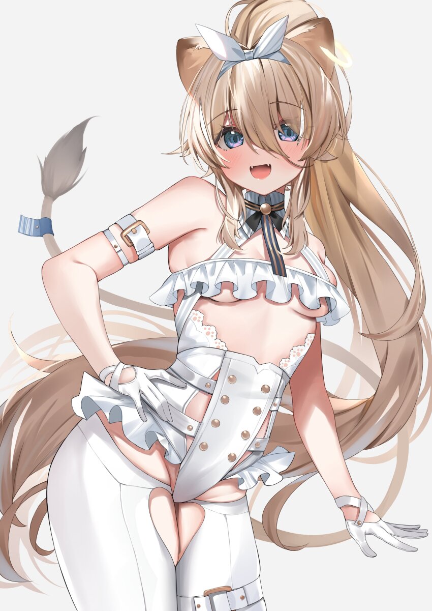 1girl, :d, absurdres, animal_ears, arm_strap, bandeau, bare_shoulders, blonde_hair