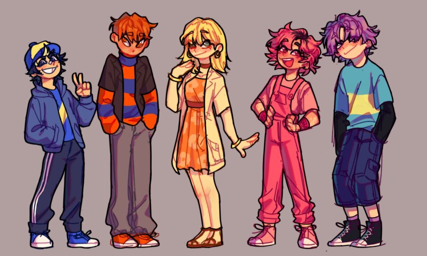 2girls, 3boys, austin_(backyardigans), blonde_hair, blue_hair, child, commentary_request, dress, hat, highres, humanization, long_sleeves, looking_at_viewer, multiple_boys, multiple_girls, orange_dress, orange_hair, overalls, pablo_(backyardigans), pants, personification, pink_hair, pink_overalls, purple_hair, short_hair, short_sleeves, spanish_commentary, tasha_(backyardigans), tecitodmaracuya, the_backyardigans, tyrone_(backyardigans), uniqua_(backyardigans)