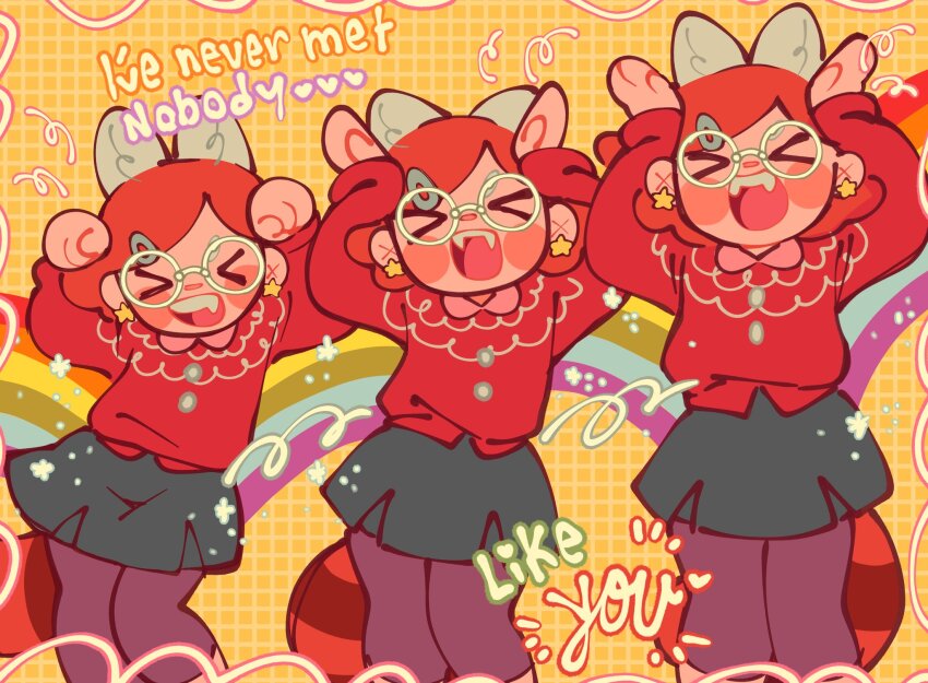 1girl, caramelldansen, dancing, disney, earrings, english_text, glasses, half-closed_eyes, highres, jammy_(bunbunbewwii), jewelry, looking_at_viewer, meilin_lee, open_mouth, parody, pixar, red_hair, red_panda_ears, red_panda_tail, shirt, short_hair, skirt, smile, solo, turning_red