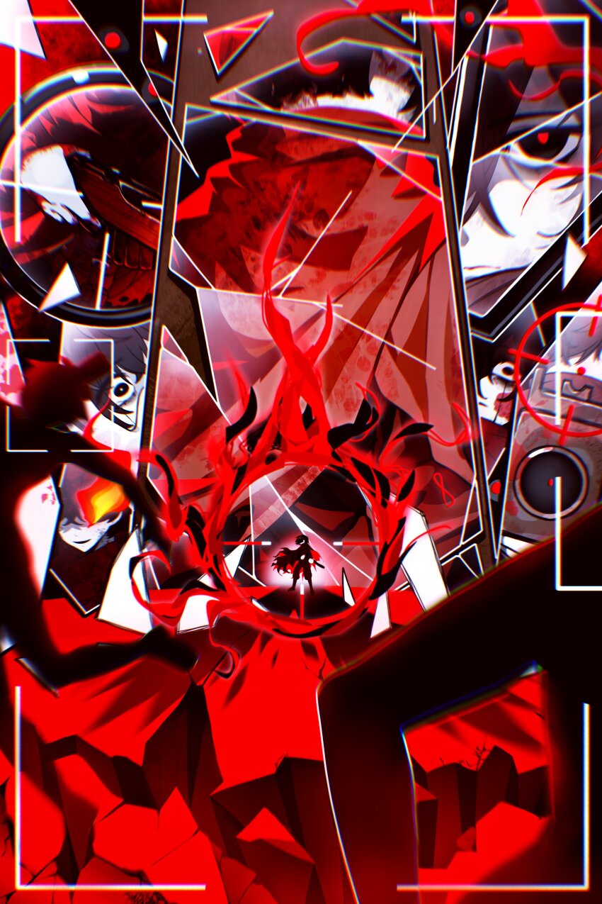 1boy, absurdres, black_eyes, black_fire, black_hair, broken_glass, broken_mirror, cape