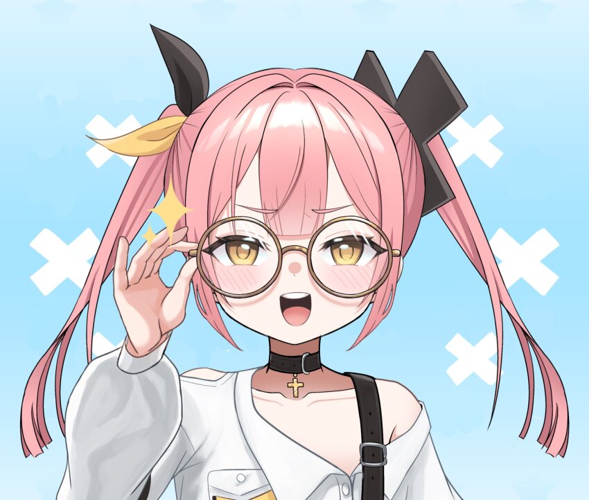 1girl, 2/niro, black_choker, blush, bow, choker, cross, cross_choker