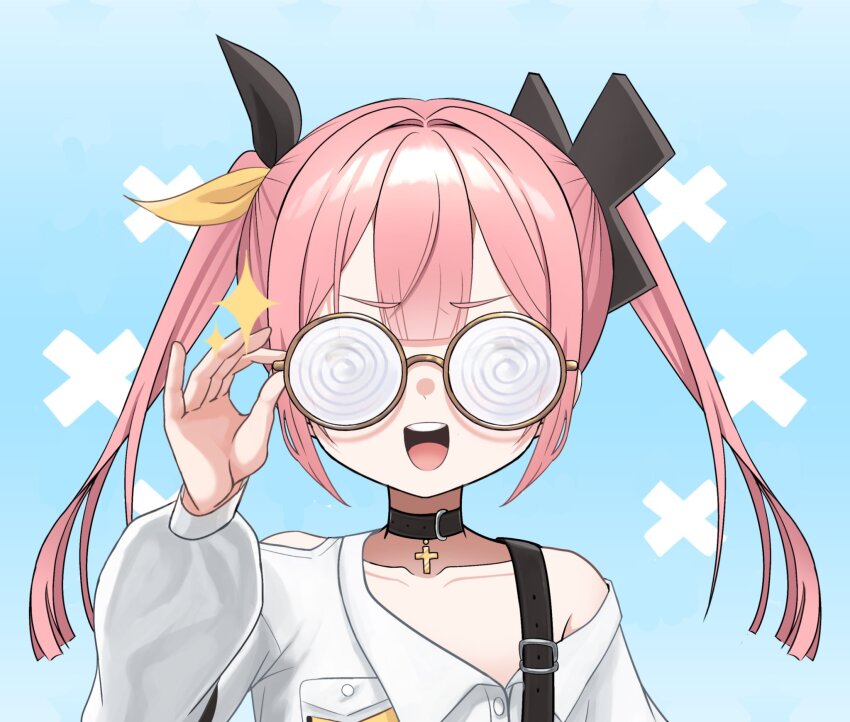 1girl, 2/niro, black_choker, bow, choker, coke-bottle_glasses, cross, cross_choker