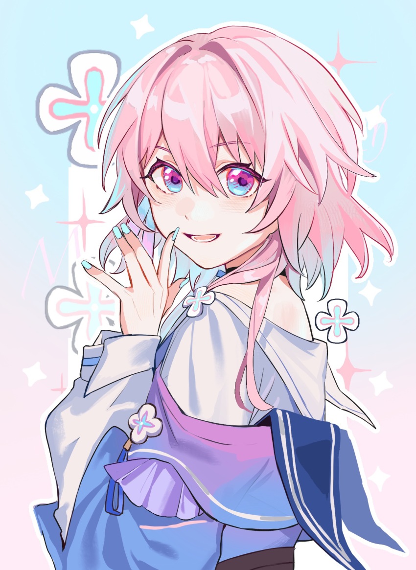 1girl, black_choker, black_corset, blue_background, blue_eyes, blue_jacket, blue_nails, chinese_commentary