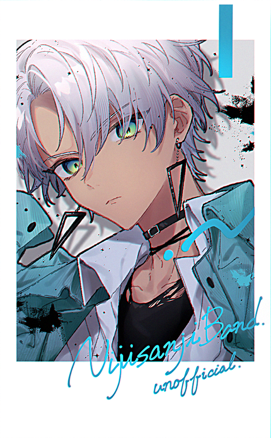 1boy, aqua_jacket, black_choker, black_shirt, blue_eyes, border, choker, closed_mouth