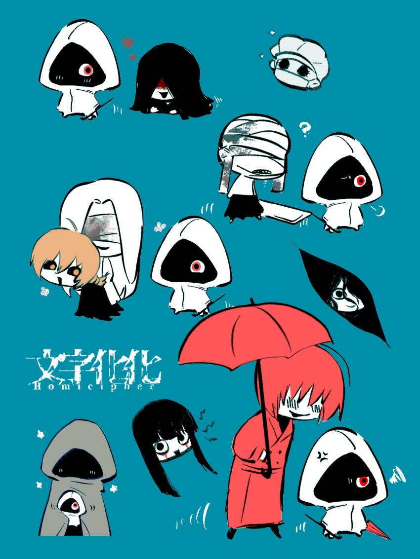 3girls, 6+boys, bandaged_head, bandages, bandages_over_eyes, black_hair, blue_background, chibi
