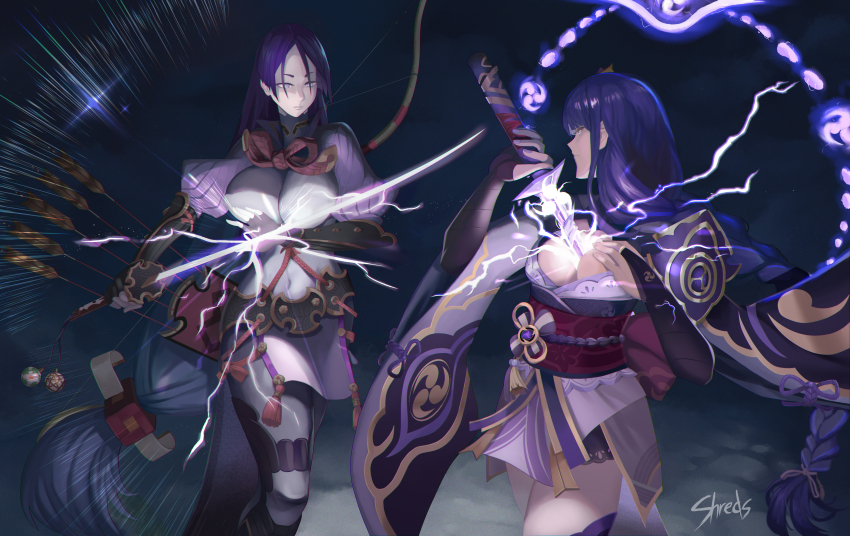 2girls, absurdres, armor, arms_up, artist_name, black_thighhighs, blunt_bangs, bodysuit, braid, breasts, bridal_gauntlets, cleavage, closed_mouth, color_connection, commentary, crossover, electricity, english_commentary, fate/grand_order, fate_(series), fingerless_gloves, genshin_impact, gloves, glowing, glowing_sword, glowing_weapon, hair_flowing_over, hair_ornament, hair_ribbon, highres, holding, holding_sword, holding_weapon, human_scabbard, japanese_clothes, katana, kimono, large_breasts, long_braid, long_hair, looking_at_another, low-braided_long_hair, low-tied_long_hair, minamoto_no_raikou_(fate), mitsudomoe_(shape), multiple_girls, musou_isshin_(genshin_impact), off_shoulder, parted_bangs, parted_lips, power_connection, puffy_sleeves, purple_eyes, purple_hair, purple_kimono, purple_nails, purple_ribbon, raiden_shogun, red_sash, ribbon, sash, short_sleeves, shoulder_armor, shreds_(shreds_tweets), signature, single_braid, standing, sword, thighhighs, thighs, tomoe_(symbol), weapon, wide_sleeves