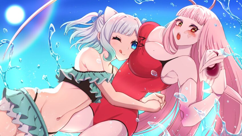 2girls, antenna_hair, arthropod_girl, bikini, bikini_skirt, blue_sky, breasts, cleavage, closed_mouth, cockroach_girl, fangs, frilled_bikini, frilled_skirt, frills, gradient_hair, green_bikini, green_eyes, green_hair, grey_hair, highleg, highleg_bikini, hug, indie_virtual_youtuber, indoors, kaho_lllk, large_breasts, long_hair, looking_at_viewer, matara_kan, mint_fantome, mole, mole_on_breast, monster_girl, multicolored_hair, multiple_girls, one-piece_swimsuit, open_mouth, pink_hair, red_eyes, red_one-piece_swimsuit, short_hair, skirt, sky, small_breasts, sun, swimsuit, tongue, tongue_out, virtual_youtuber, vshojo, water