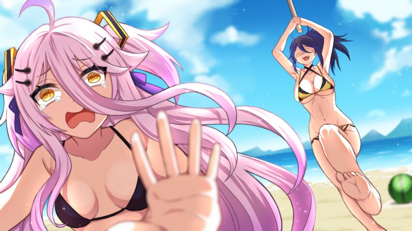 2girls, @_@, absurdres, ahoge, barefoot, beach, bikini, black_bikini, blindfold, blue_hair, blue_sky, breasts, cloud, food, fruit, gradient_hair, grey_hair, hair_between_eyes, hair_ornament, hairpin, henya_the_genius, highres, kaho_lllk, kson, kson_(swimsuit), large_breasts, long_bangs, long_hair, looking_at_viewer, multicolored_bikini, multicolored_hair, multiple_girls, open_mouth, purple_hair, purple_ribbon, ribbon, sky, small_breasts, smile, soles, swimsuit, thighhighs, two-tone_bikini, two_side_up, very_long_hair, virtual_youtuber, vshojo, water, watermelon, yellow_bikini, yellow_eyes
