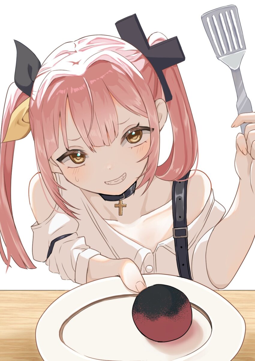 1girl, black_choker, blush, bow, choker, cross, cross_choker, hair_bow