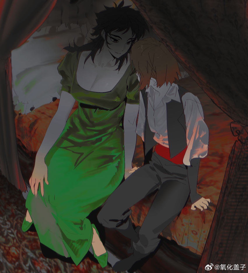 2girls, bare_arms, bedroom, black_eyes, black_footwear, black_hair, black_pants, black_sleeves