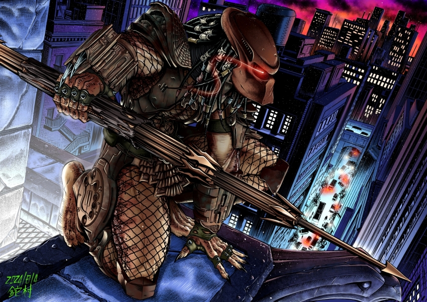 alien, arm_blade, armor, building, city, city_hunter_(predator), city_lights, cityscape