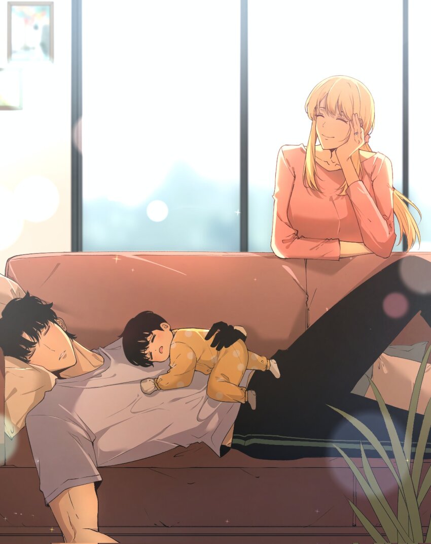 1girl, 2boys, baby, black_gloves, black_hair, black_pants, blonde_hair, breasts, cha_hae-in, closed_mouth, couch, day, father_and_child, father_and_son, gloves, grey_shirt, highres, indoors, long_sleeves, momo_fanart, mother_and_child, mother_and_son, multiple_boys, on_couch, open_mouth, pants, parent_and_child, parted_lips, pillow, pink_shirt, plant, shirt, short_hair, sleeping, smile, solo_leveling, sung_jin-woo, sung_suho
