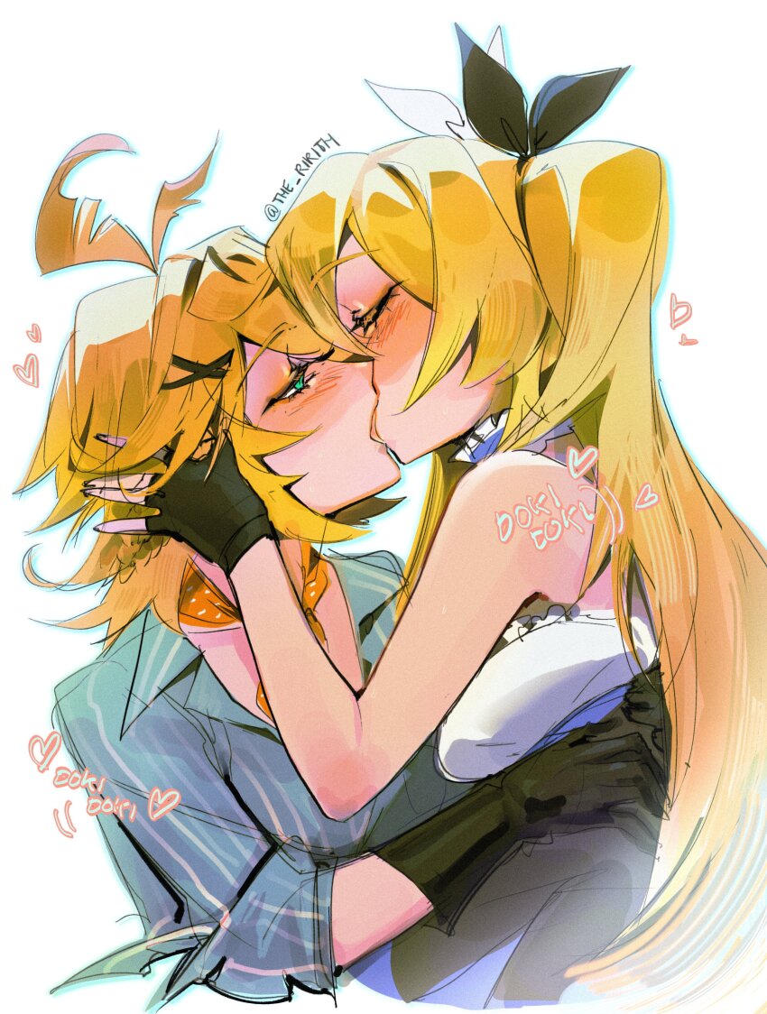 2girls, absurdres, ahoge, black_gloves, blonde_hair, blue_eyes, blush, closed_eyes, commentary, didi_(galacticdidi), dokibird, dokibird_(bounty_hunter), dokibird_(retro_doki), english_commentary, gloves, heart, highres, indie_virtual_youtuber, kiss, long_hair, medium_hair, multiple_girls, neckerchief, pinstripe_pattern, pinstripe_shirt, selfcest, shirt, simple_background, twitter_username, virtual_youtuber, white_background, yellow_neckerchief, yuri