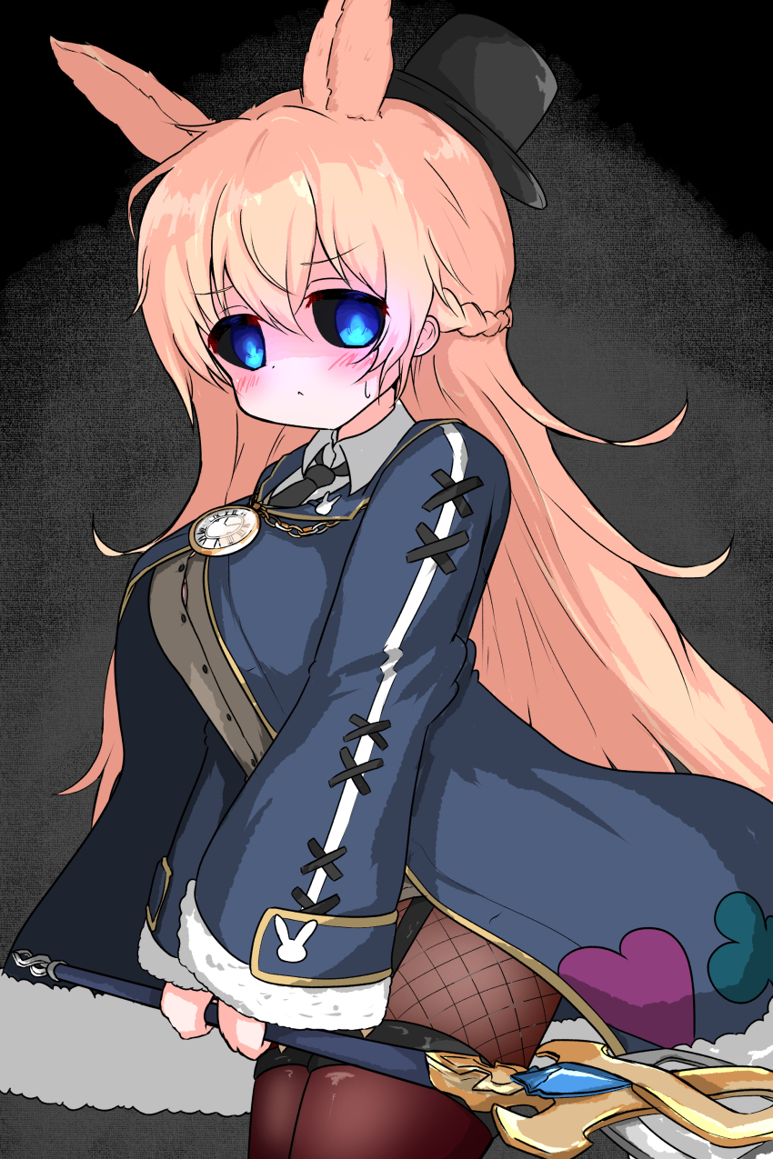 1girl, absurdres, animal_ears, black_hat, black_necktie, black_sclera, blue_coat, blue_eyes