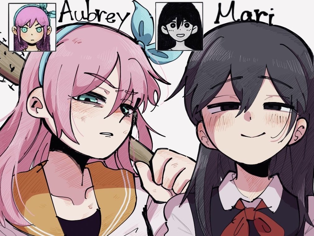 2girls, aubrey_(faraway)_(omori), aubrey_(omori), black_eyes, black_hair, black_sweater_vest, blue_hairband, blush