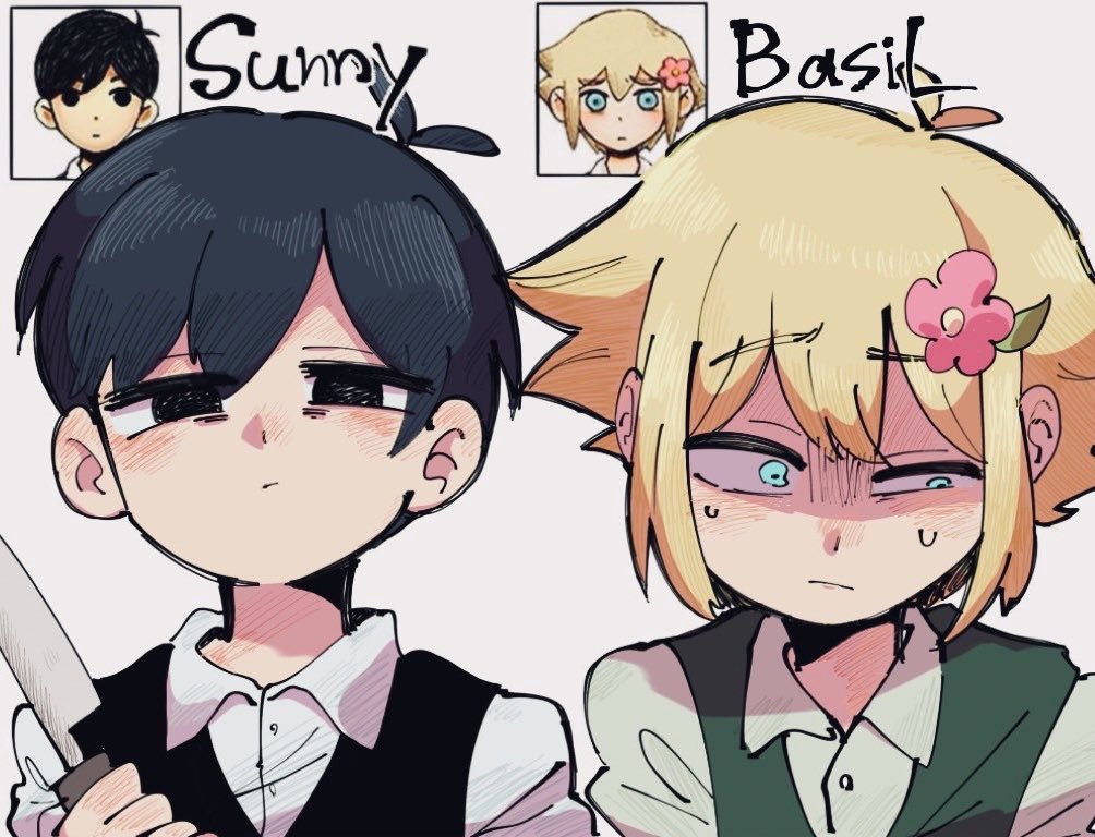 2boys, basil_(faraway)_(omori), basil_(omori), black_eyes, black_hair, black_sweater_vest, blonde_hair, character_name, closed_mouth, collared_shirt, flower, green_sweater_vest, hair_flower, hair_ornament, holding, holding_knife, knife, looking_at_viewer, male_focus, multiple_boys, omori, pasuta928008, shirt, short_hair, simple_background, sunny_(omori), sweater_vest, white_background, white_shirt