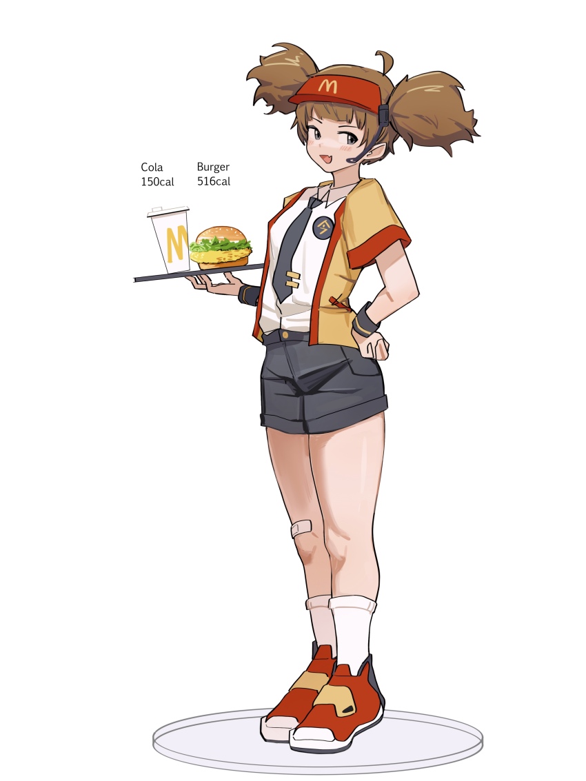 :d, absurdres, ahoge, badge, baisebandaoti1, bandaid, bandaid_on_knee, bandaid_on_leg, black_necktie, black_shorts, blush, breasts, brown_eyes, brown_hair, burger, button_badge, collared_shirt, commentary, cup, disposable_cup, dress_shirt, english_commentary, english_text, fang, fish_(food), food, fried_fish, from_side, full_body, hat, headset, highres, holding, holding_food, holding_tray, imadake_dabuchi_tabemi, kneehighs, lettuce, looking_at_viewer, looking_to_the_side, mcdonald's, medium_breasts, medium_hair, microphone, necktie, nutrition_facts, open_clothes, open_mouth, open_shirt, red_footwear, red_hat, red_trim, serving, shirt, shoes, short_shorts, shorts, simple_background, skin_fang, smile, smug, sneakers, socks, soda, standing, tie_clip, tray, twintails, visor_cap, white_background, white_shirt, white_socks, wristband, yellow_shirt, yellow_trim