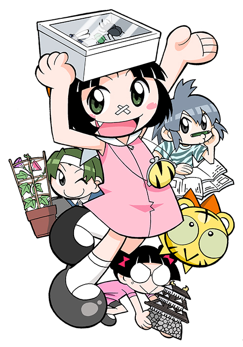 3girls, :>, animal_print, aqua_shirt, aqua_sleeves, bandaid, bandaid_on_face, bandaid_on_nose, bare_arms, bare_shoulders, beetle, black_eyes, black_outline, blue_shirt, blunt_bangs, blush_stickers, book, bow, bright_pupils, bug, bug_request, buttons, character_request, child, coin_purse, collar, colored_sclera, contrast_collar, cub, display_case, double_bun, dress, fang, flats, flower, full_body, glasses, green_eyes, green_hair, green_sclera, grey_footwear, grey_hair, grey_shorts, hair_bow, hair_bun, headband, insect, kneehighs, looking_at_viewer, model_building, mukku_(mook-tv), multiple_girls, official_art, one_eye_closed, open_book, open_mouth, orange_bow, outline, pencil, pencil_as_mustache, pink_dress, pink_sleeves, plant, polo_shirt, print_shirt, print_sleeves, purple_flower, red_bow, red_flower, ribbon_kotora, rimless_eyewear, round_eyewear, sailor_collar, second-party_source, shirt, short_dress, short_hair, shorts, simple_background, sleeveless, sleeveless_dress, small_pupils, socks, straight_hair, striped_fur, tiger, tiger_print, tongue, tora_da_yo., torami_(toranoana), toranoana, white_background, white_collar, white_headband, white_outline, white_pupils, white_sailor_collar, white_socks, yellow_fur