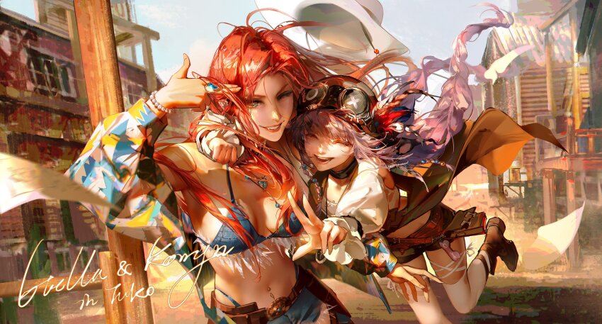 2girls, artist_request, beanie, belt, belt_buckle, bikini, bikini_top_only, blue_bikini