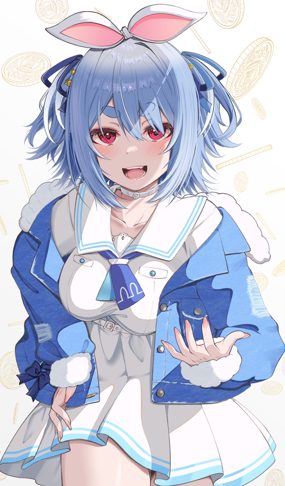 1girl, animal_ears, blue_hair, blue_jacket, blue_ribbon, breasts, choker, hair_ribbon