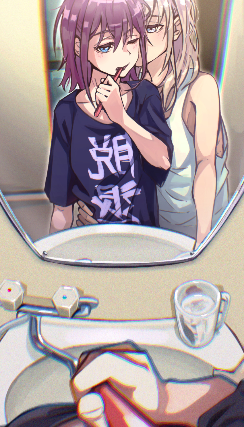 2girls, black_shirt, blue_eyes, blush, borrowed_clothes, brown_hair, brushing_teeth, chromatic_aberration, clothes_writing, commentary, couple, cup, doki_(oox3o), fang, faucet, female_pov, girls_band_cry, grey_hair, hair_down, highres, iseri_nina, kawaragi_momoka, long_hair, medium_hair, mirror, multiple_girls, one_eye_closed, open_mouth, pov, shikai_no_sumi_kuchiru_oto, shirt, short_sleeves, sidelocks, sink, thighhighs, white_thighhighs, yuri