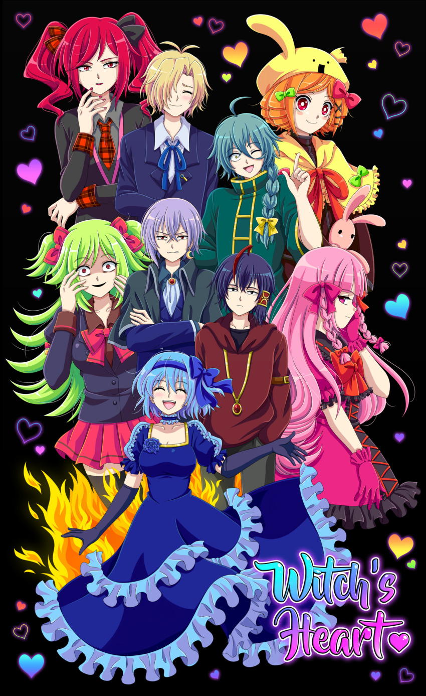 4boys, 5girls, absurdres, ahoge, animal_hat, antenna_hair, ascot, ashe_bradley