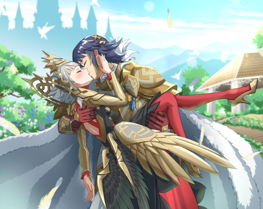 1boy, 1girl, alfonse_(fire_emblem), alfonse_(heir_to_openness)_(fire_emblem), armor, black_dress, blonde_hair, blue_hair