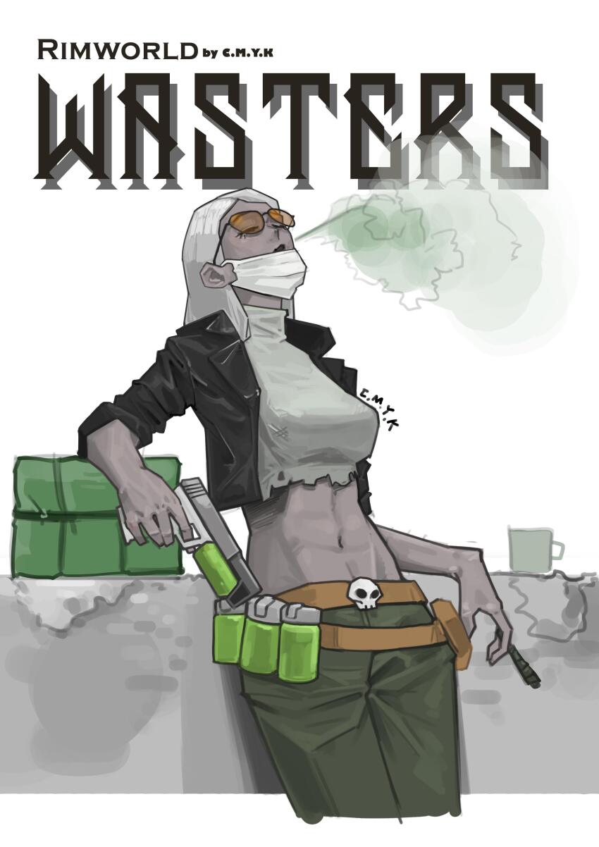 absurdres, bandana, belt, blowing_smoke, closed_eyes, cmyk-kim, colored_skin, cropped_jacket