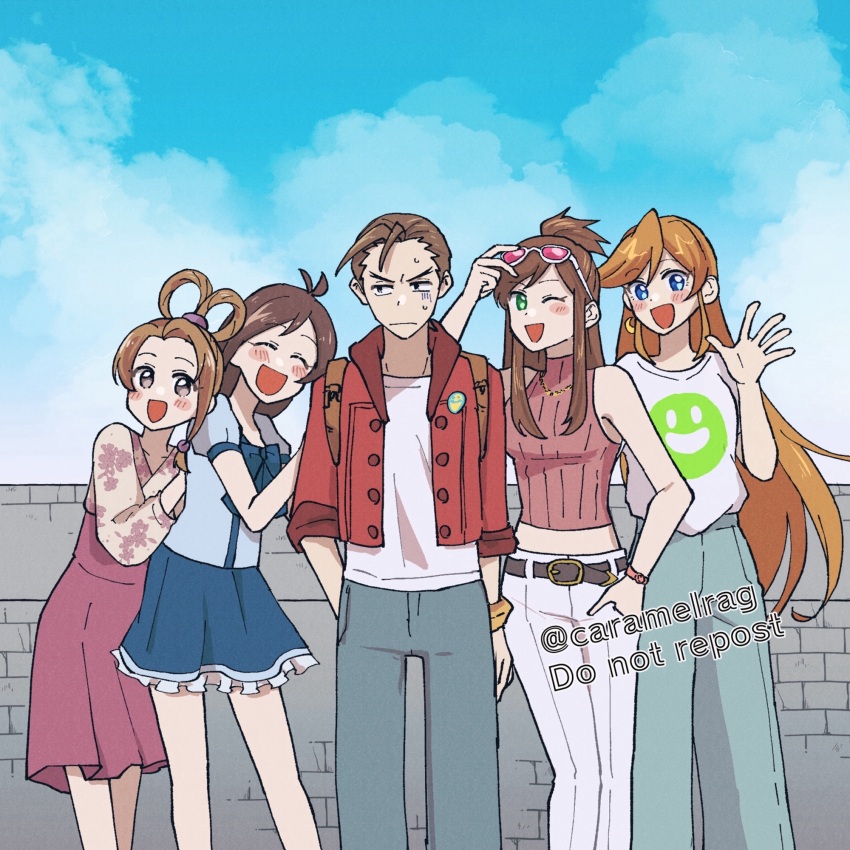 1boy, 4girls, ace_attorney, antenna_hair, apollo_justice:_ace_attorney, athena_cykes, blue_eyes, blue_pants