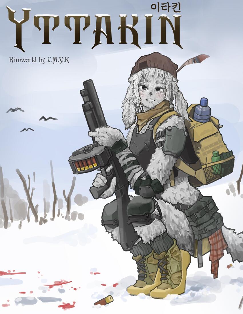 absurdres, ammunition, ammunition_pouch, backpack, bag, beanie, bird, blood_on_snow