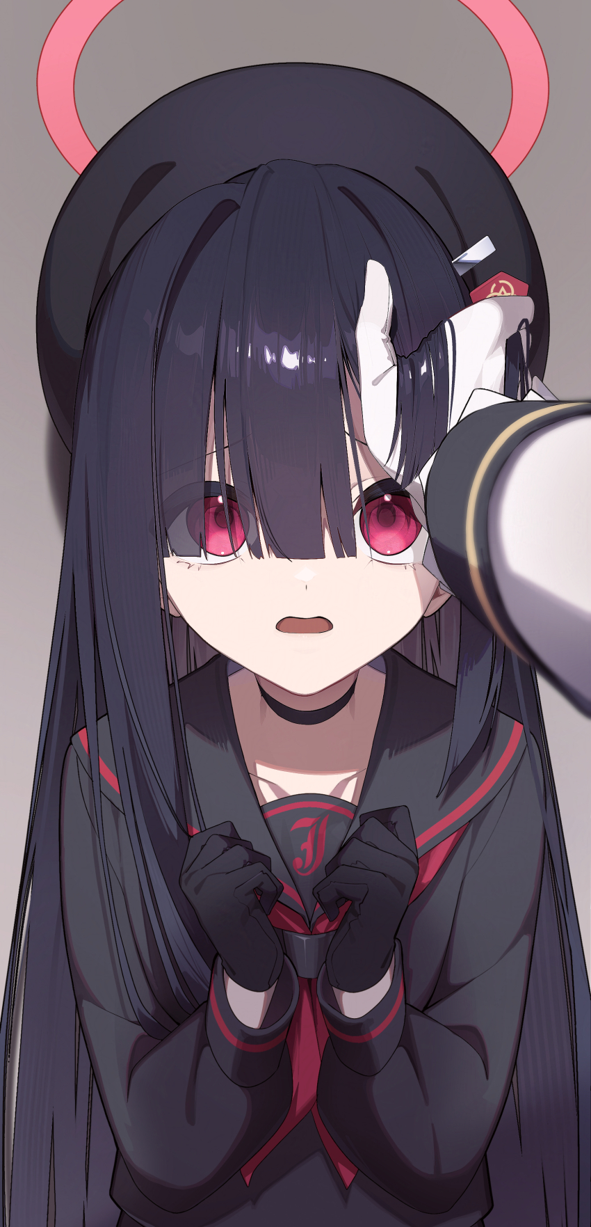 1boy, 1girl, absurdres, beret, black_choker, black_gloves, black_hair, black_hat