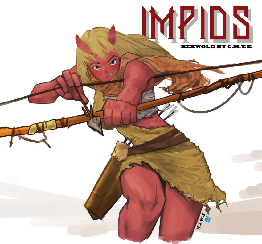 aiming, aiming_at_viewer, black_eyes, blonde_hair, bow_(weapon), cmyk-kim, colored_skin, frown, highres, horns, impid_(rimworld), long_hair, pawn_(rimworld), pelt, quiver, red_skin, rimworld, sarashi, signature, weapon, white_background