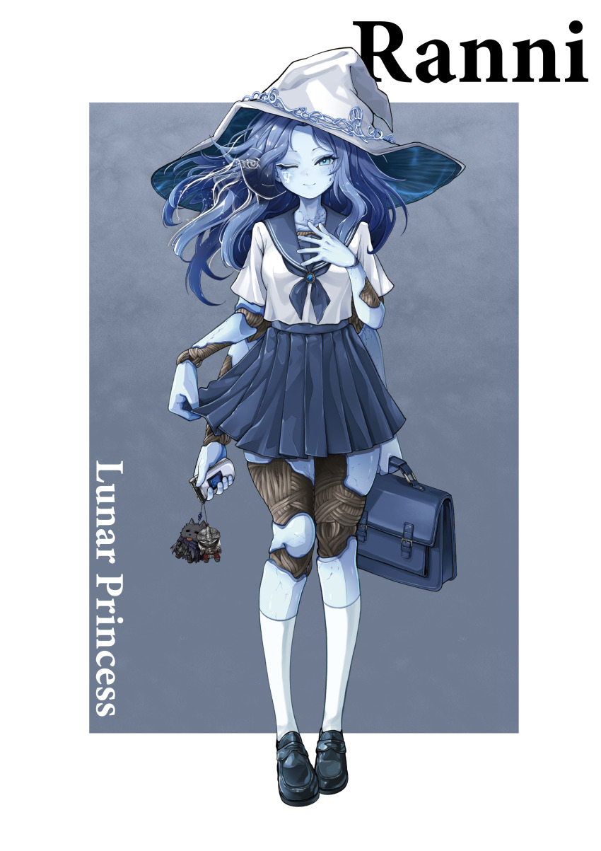 1girl, absurdres, alternate_costume, bag, black_shoes, blaidd_the_half-wolf, bloody_wolf_(elden_ring), blue_background