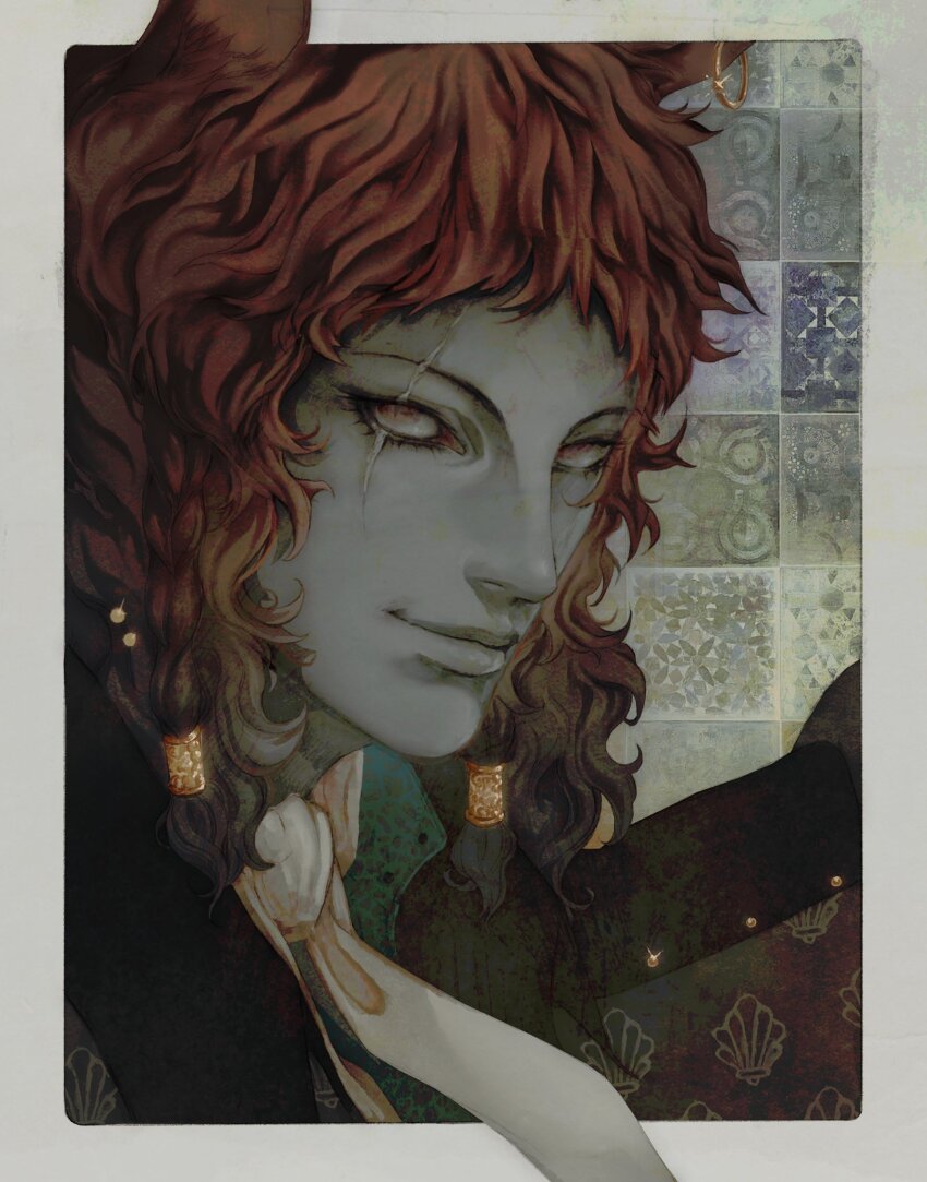 1boy, animal_ear_piercing, animal_ears, astelofvoid, basilio_(metaphor:_refantazio), black_coat, border, braid