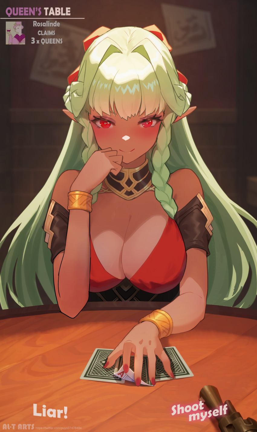 1girl, absurdres, alternate_costume, blush, braid, breasts, card, cleavage