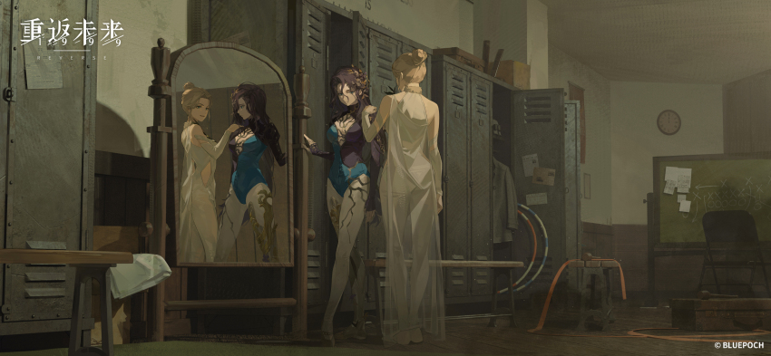 2girls, athletic_leotard, bare_shoulders, black_hair, blonde_hair, blue_eyes, blue_leotard, breasts