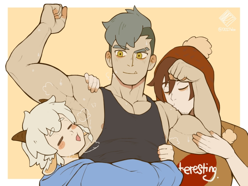 3boys, all_saints_street, animal_ears, armpits, arms_up, bags_under_eyes, bara, beanie