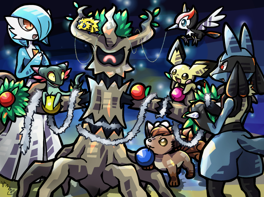 alternate_color, blue_eyes, blue_hair, bob_cut, christmas_ornaments, colored_skin, dreepy, dress