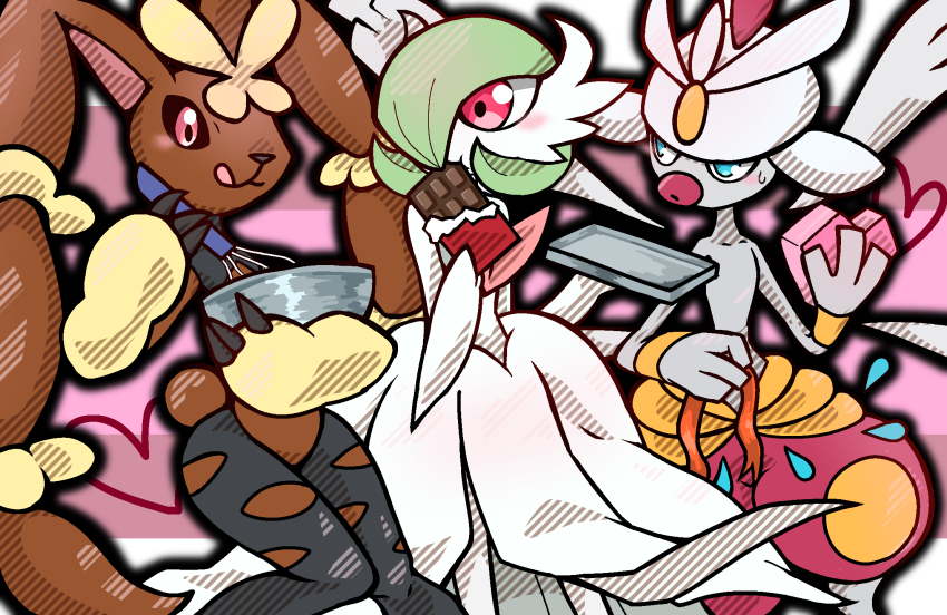 3girls, blue_eyes, bob_cut, candy, chocolate, chocolate_bar, colored_skin, dress