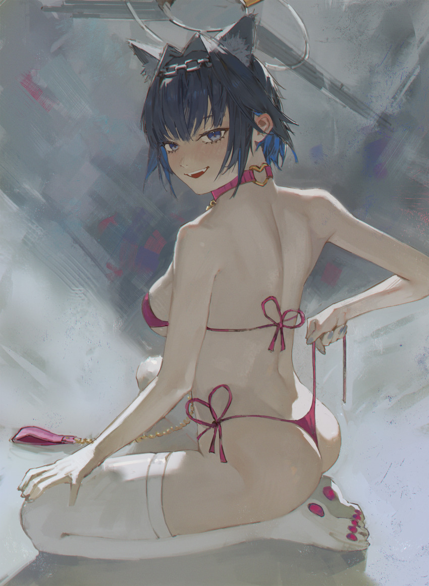 1girl, absurdres, animal_ears, ass, bikini, black_hair, blue_eyes, blue_hair