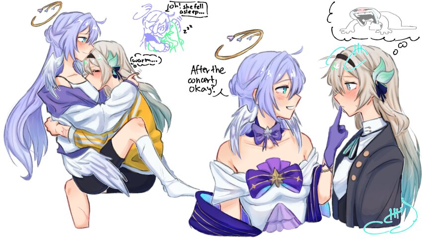 2girls, akai_(atcually), bare_shoulders, black_hairband, black_jacket, black_shorts, blue_eyes, blush