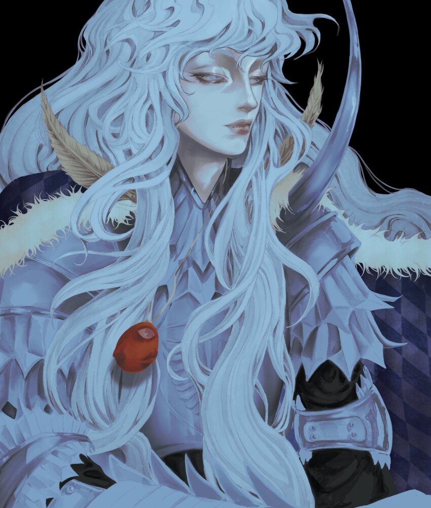 1boy, armor, astelofvoid, behelit, berserk, bishounen, black_background, blue_cape, blue_eyes, breastplate, cape, closed_mouth, commentary, english_commentary, feathers, fur-trimmed_cape, fur_trim, gauntlets, griffith_(berserk), highres, long_hair, looking_to_the_side, male_focus, pauldrons, shoulder_armor, sideways_glance, simple_background, solo, spiked_armor, spikes, very_long_hair, white_feathers, white_hair