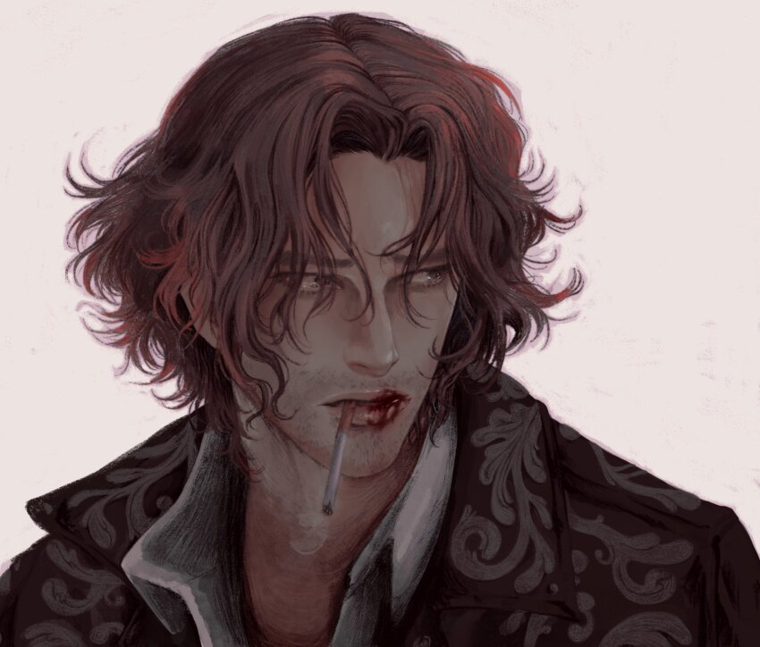 1boy, astelofvoid, beard_stubble, black_jacket, blood, blood_from_mouth, brown_eyes, brown_hair