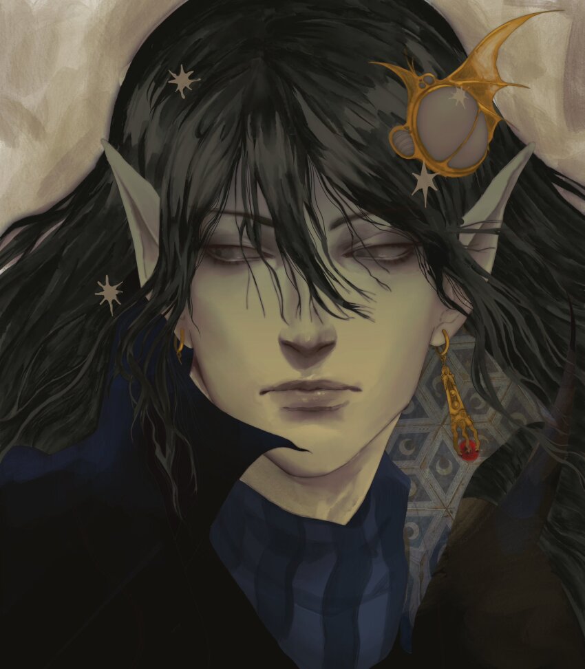 1boy, astelofvoid, black_hair, black_shirt, blue_shirt, closed_mouth, collared_shirt, commentary