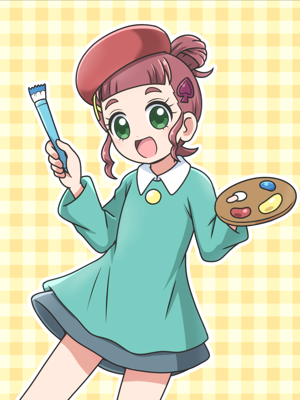 1girl, adeleine, adeleine_(cosplay), beret, blunt_bangs, brown_hair, chouno_hikari, cocotama_(series)